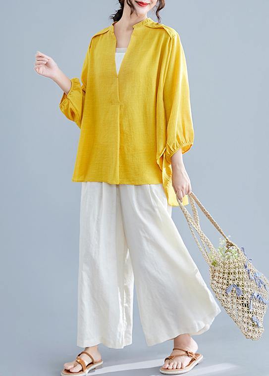 Simple v neck batwing sleeve linen crane tops yellow oversized blouses summer - SooLinen