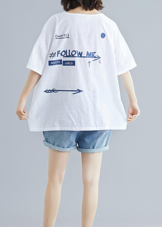 Simple white o neck cotton box top prints Knee summer tops - SooLinen