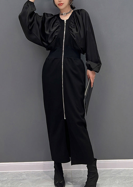 Robe maxi à lèche à col à col à lèmes noires slim chute