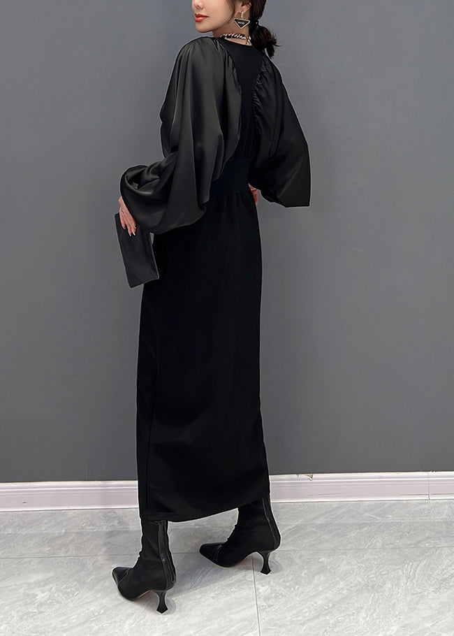 Robe maxi à lèche à col à col à lèmes noires slim chute