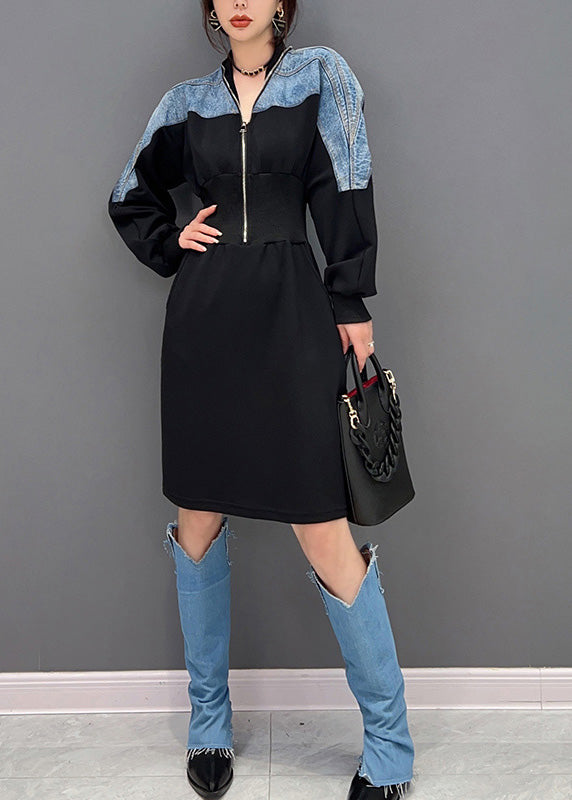 Slim Fit Black V Neck Patchwork Patchwork Denim Robes Maxi Sleeve Long