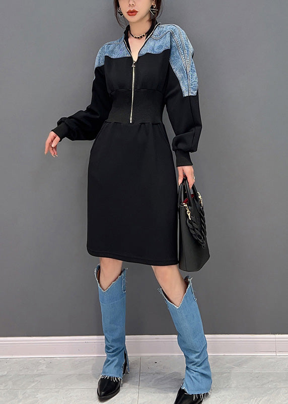 Slim Fit Black V Neck Patchwork Patchwork Denim Robes Maxi Sleeve Long