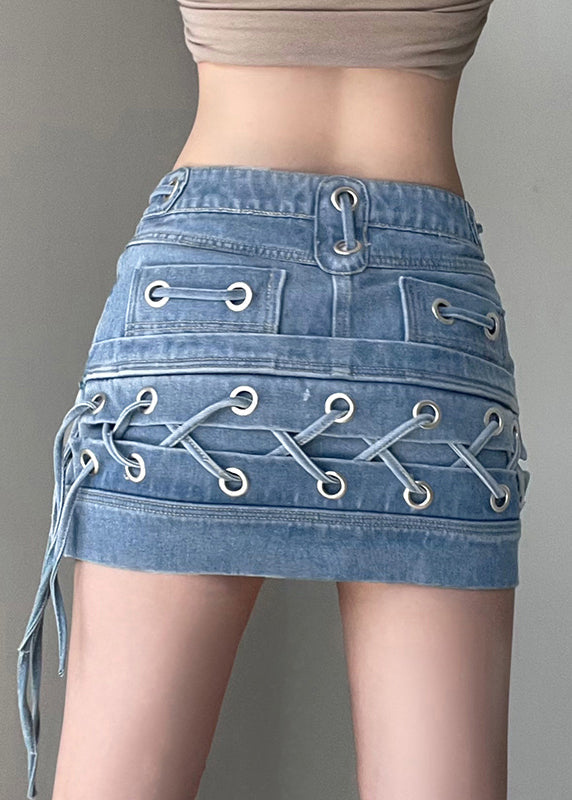 Slim Fit Blue Lace Up High Waistpatchwork Denim Jirts Summer