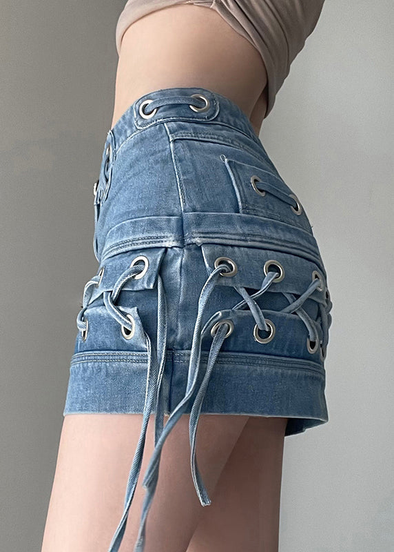 Slim Fit Blue Lace Up High Waistpatchwork Denim Jirts Summer