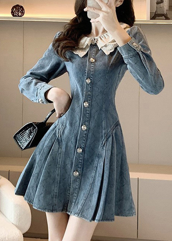 Slim Fit Blue O Neck en dentelle Patchwork Bouton Denim Robe Mid Sleeve Long