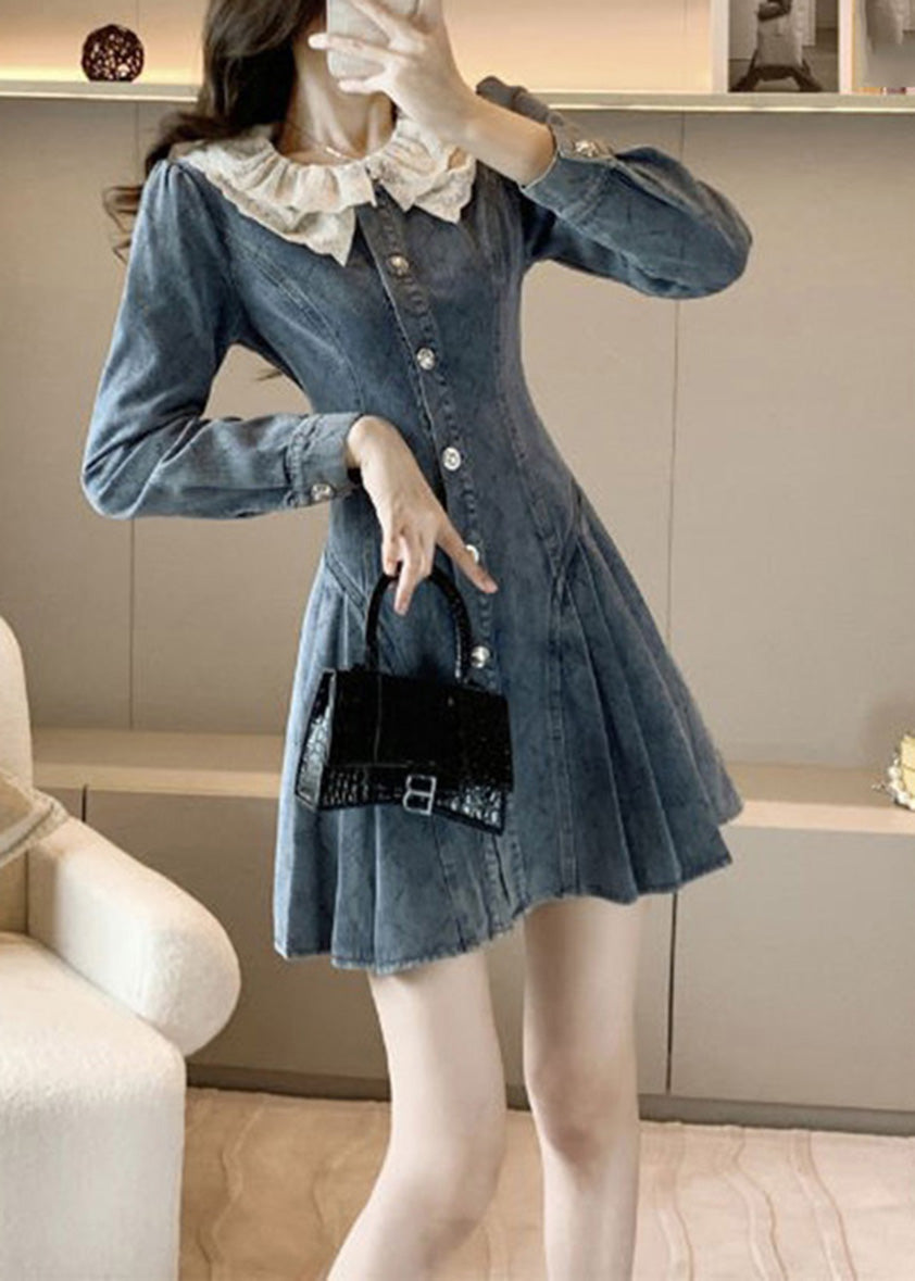 Slim Fit Blue O Neck en dentelle Patchwork Bouton Denim Robe Mid Sleeve Long