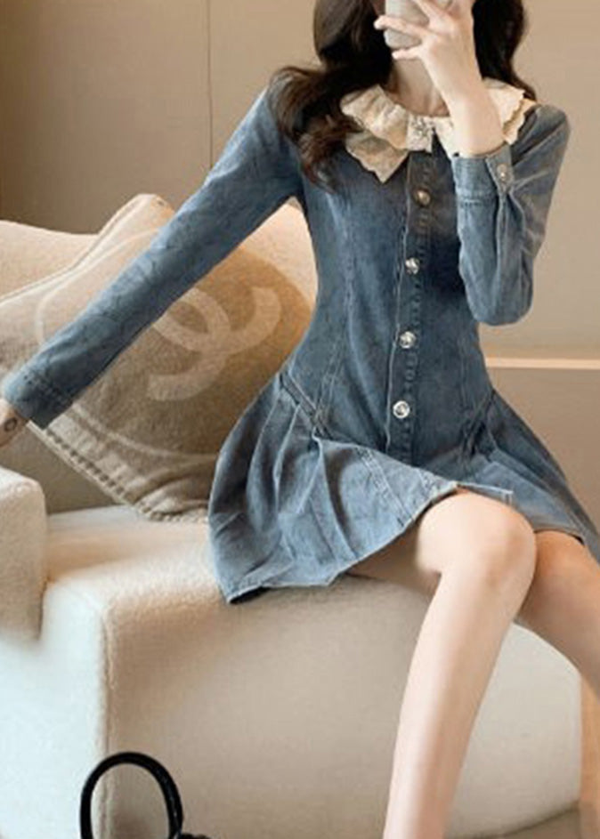 Slim Fit Blue O Neck en dentelle Patchwork Bouton Denim Robe Mid Sleeve Long