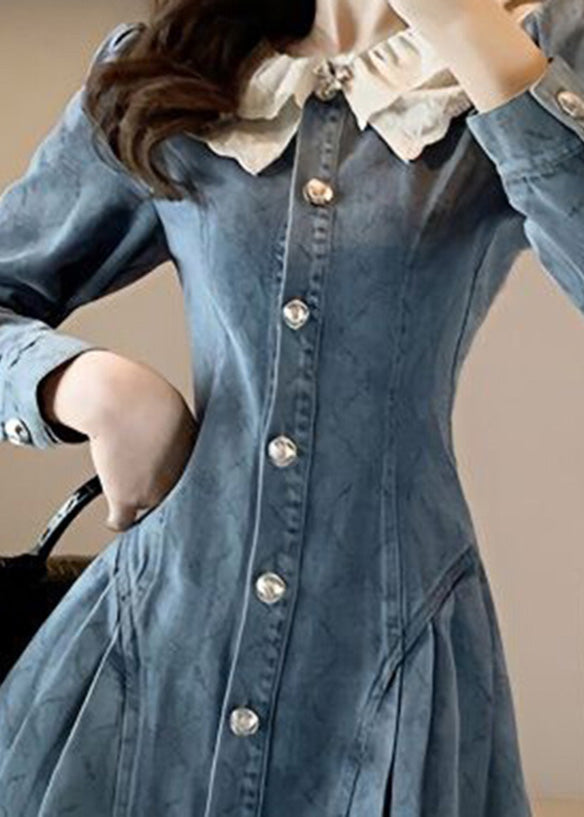 Slim Fit Blue O Neck en dentelle Patchwork Bouton Denim Robe Mid Sleeve Long