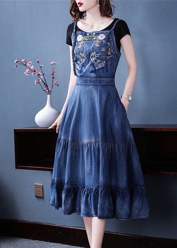 Slim Fit Blue Ruffles Broideried Spaghetti Strap Coton Denim Robes Spring