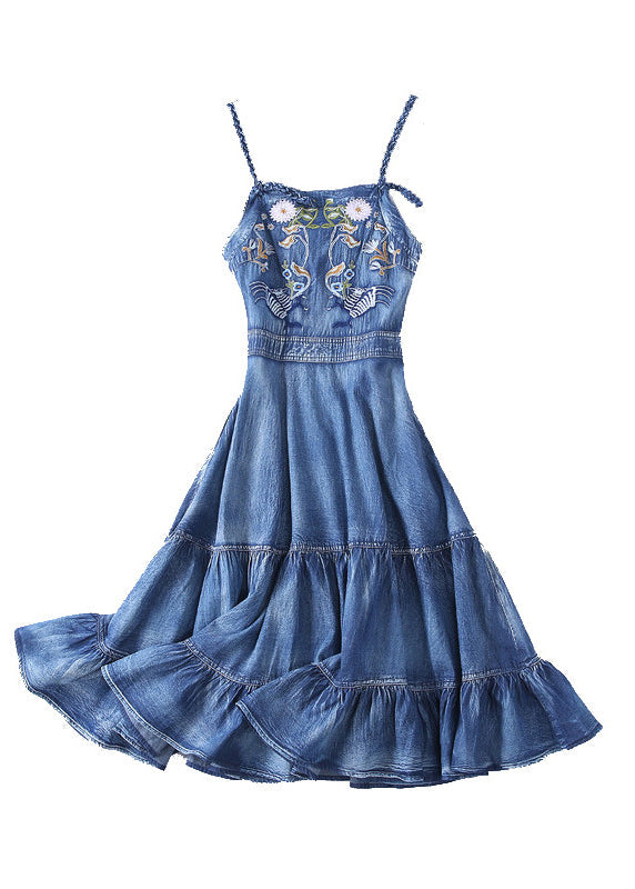 Slim Fit Blue Ruffles Broideried Spaghetti Strap Coton Denim Robes Spring