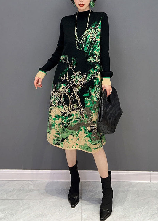 Slim Fit Green Hign Neck Print Robe en tricot hiver