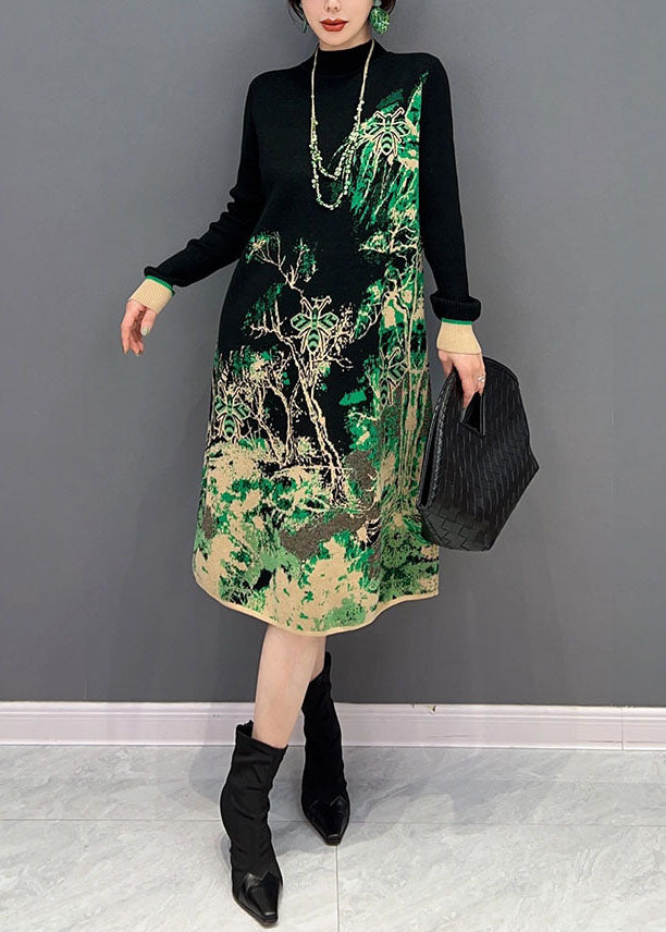 Slim Fit Green Hign Neck Print Robe en tricot hiver