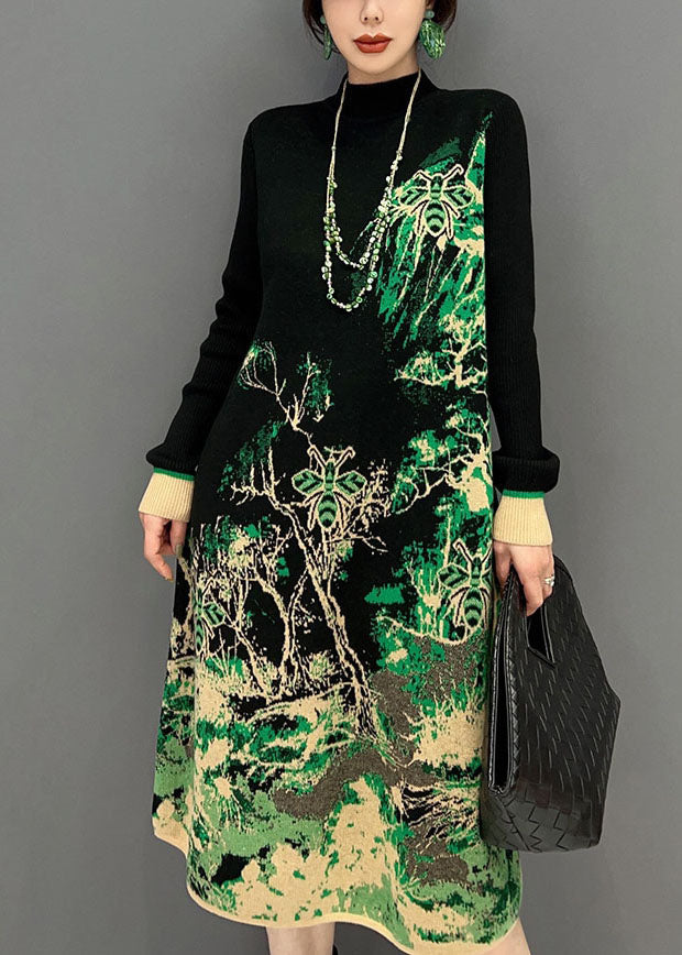 Slim Fit Green Hign Neck Print Robe en tricot hiver