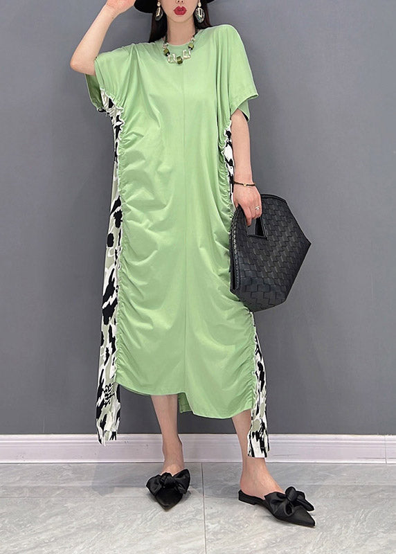 Slim Fit Green O Neck ASYMETRICAL Patchwork Robe en mousseline de mousseline ridée