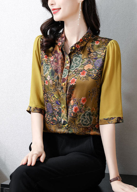 Slim Fit Green Peter Pan Collar Patchwork Print Shirts Silk Half Sleeve