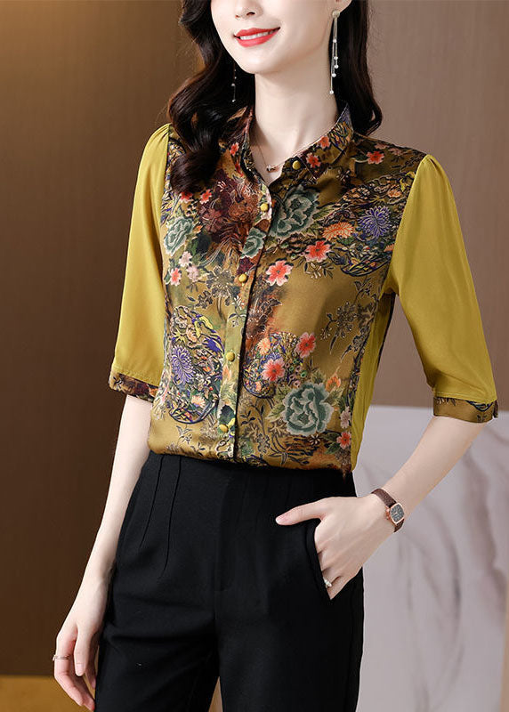 Slim Fit Green Peter Pan Collar Patchwork Print Shirts Silk Half Sleeve