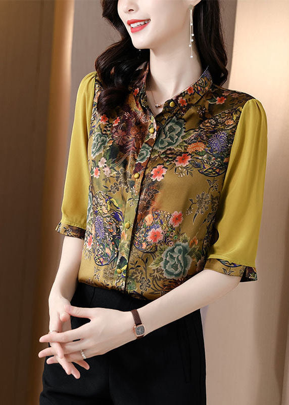 Slim Fit Green Peter Pan Collar Patchwork Print Shirts Silk Half Sleeve