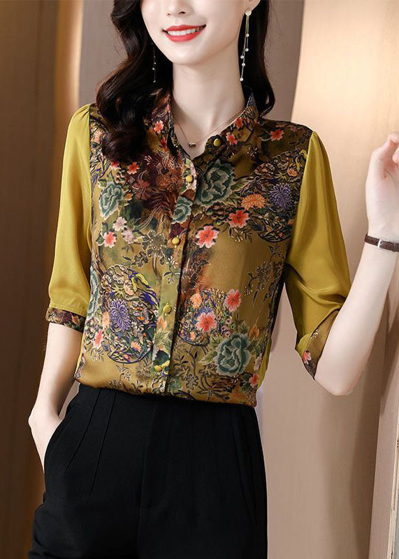 Slim Fit Green Peter Pan Collar Patchwork Print Shirts Silk Half Sleeve