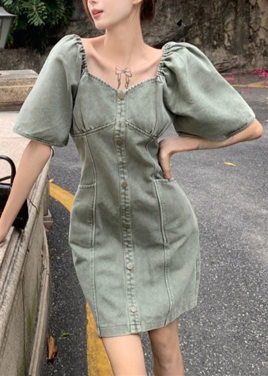 Slim Fit Grey Green Patchwork Button Denim Robe Mid Summer