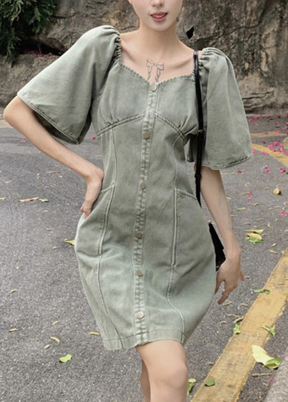 Slim Fit Grey Green Patchwork Button Denim Robe Mid Summer