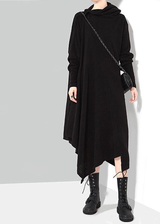 Solid Black Woman Winter Asymmetric Knitted Sweater Dress - SooLinen