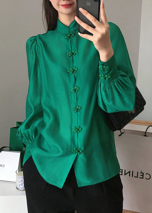 Collier de support vert massif chinois Blouse de soie à manches longues