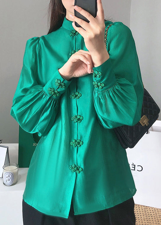 Solid Green Stand Collar Chinese Button Silk Blouse Top Long Sleeve