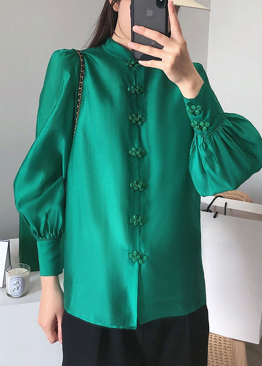 Solid Green Stand Collar Chinese Button Silk Blouse Top Long Sleeve