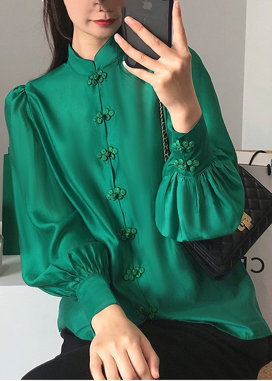 Solid Green Stand Collar Chinese Button Silk Blouse Top Long Sleeve