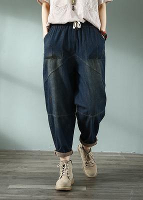 Spring nine points cross pants denim harem pants female elastic waist retro loose trousers - SooLinen