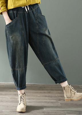 Spring nine points cross pants denim harem pants female elastic waist retro loose trousers - SooLinen