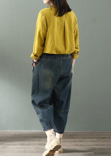 Spring nine points cross pants denim harem pants female elastic waist retro loose trousers - SooLinen