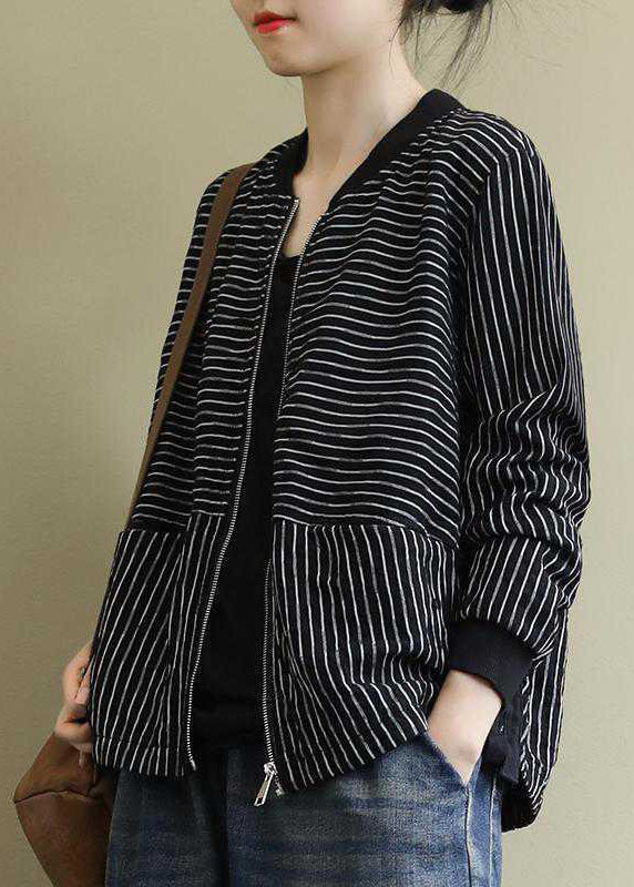 Street Black Striped Zippered Pockets Veste d'automne à manches longues