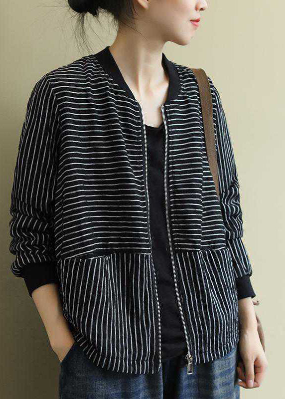 Street Black Striped Zippered Pockets Veste d'automne à manches longues