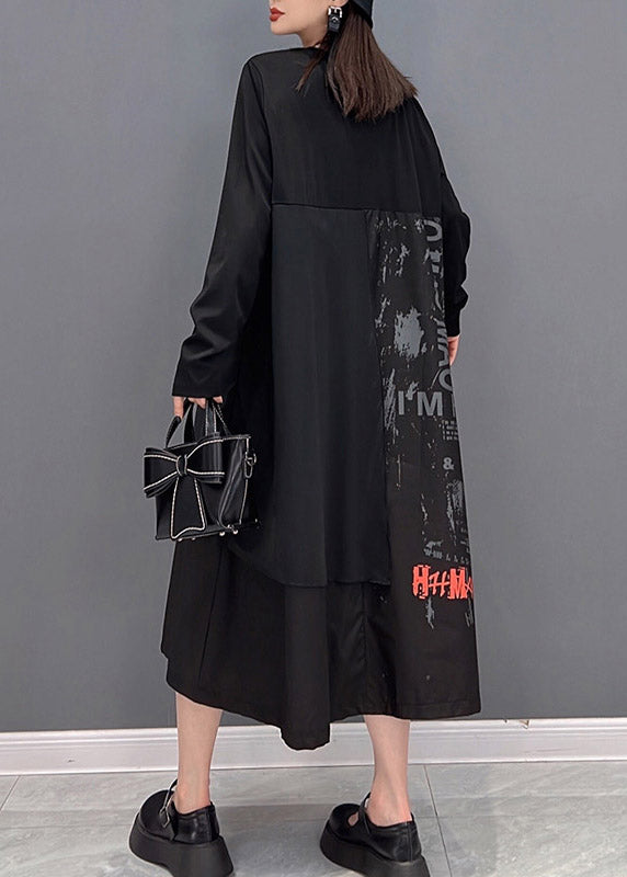 Streetwear Black O-Neck Asymmetrical Patchwork Pockets Dress Long sleeve