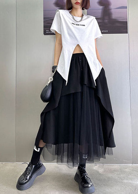 Streetwear Black elastic waist button Asymmetrical tulle Patchwork Skirts Spring