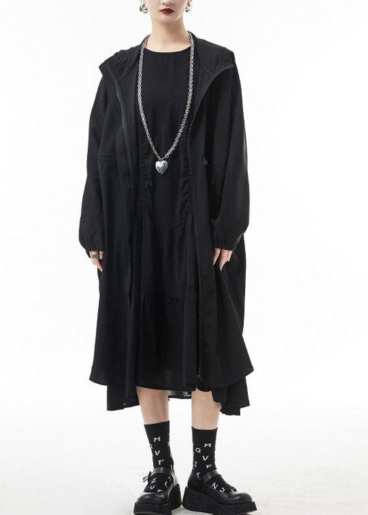 Streetwear Black Black Hooded Drawstring Murffon Trench Coats Spring