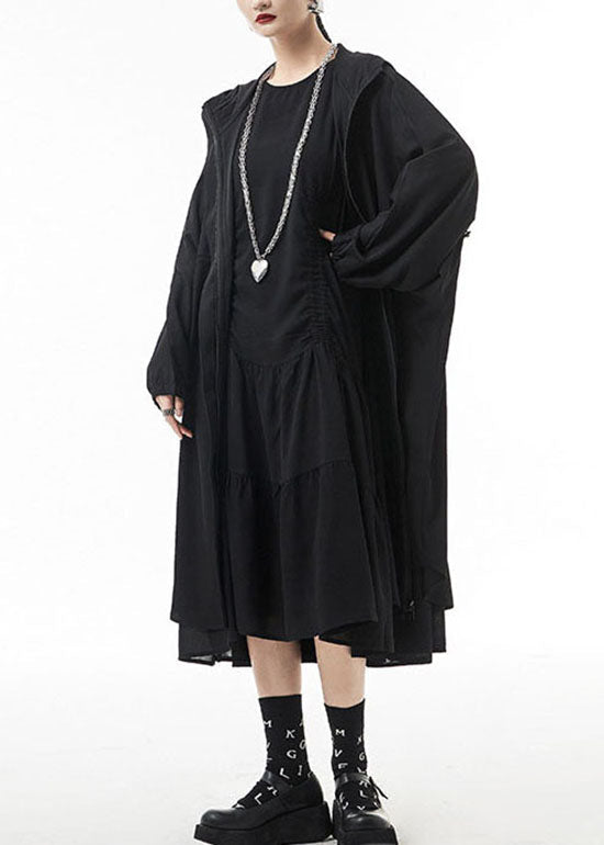 Streetwear Black Black Hooded Drawstring Murffon Trench Coats Spring