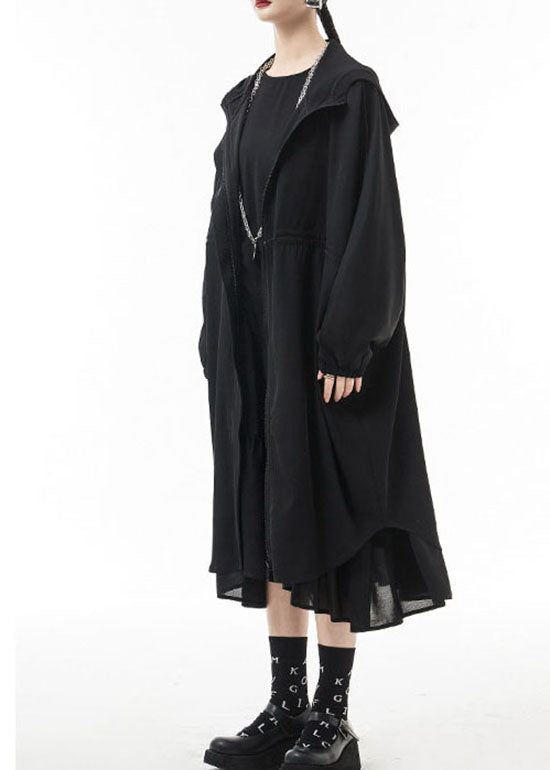 Streetwear Black Black Hooded Drawstring Murffon Trench Coats Spring