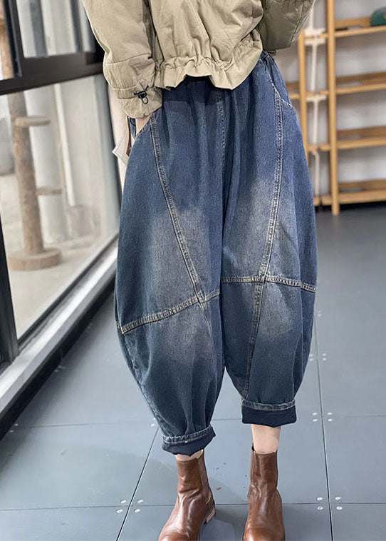 Streetwear Blue Elastic Pockets Patchwork Cotton Denim Pantalon Harem Summer