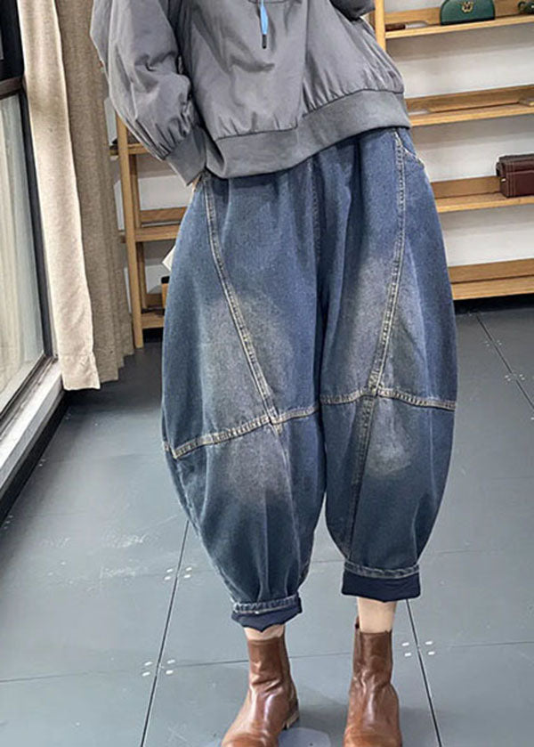 Streetwear Blue Elastic Pockets Patchwork Cotton Denim Pantalon Harem Summer