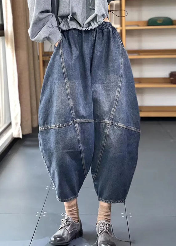 Streetwear Blue Elastic Pockets Patchwork Cotton Denim Pantalon Harem Summer