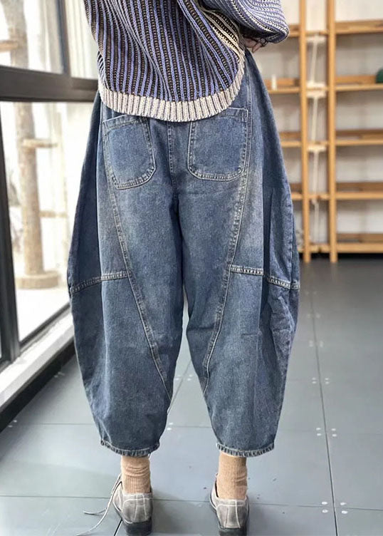 Streetwear Blue Elastic Pockets Patchwork Cotton Denim Pantalon Harem Summer