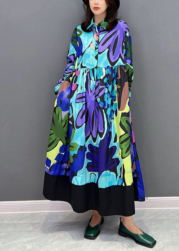 Streetwear Blue Print Patchwork Cotton Long Dresses Fall