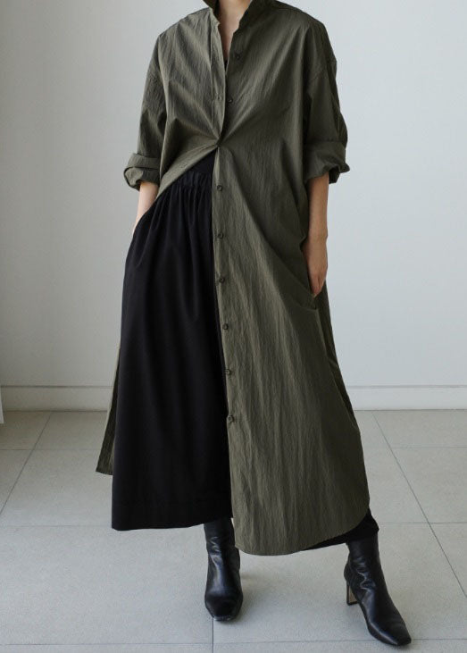 Style Army Green Peter Pan Collar Cotton Tie Waist Long Trench Coat Spring