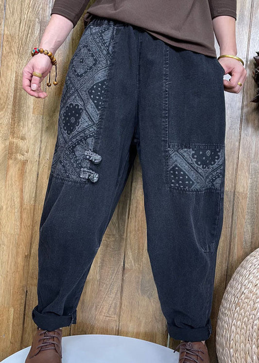 Style noir bouton patch applique pantalon denim printemps