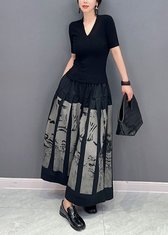 Style Black Elastic Waist Pockets Print Cotton Wide Leg Pants Spring