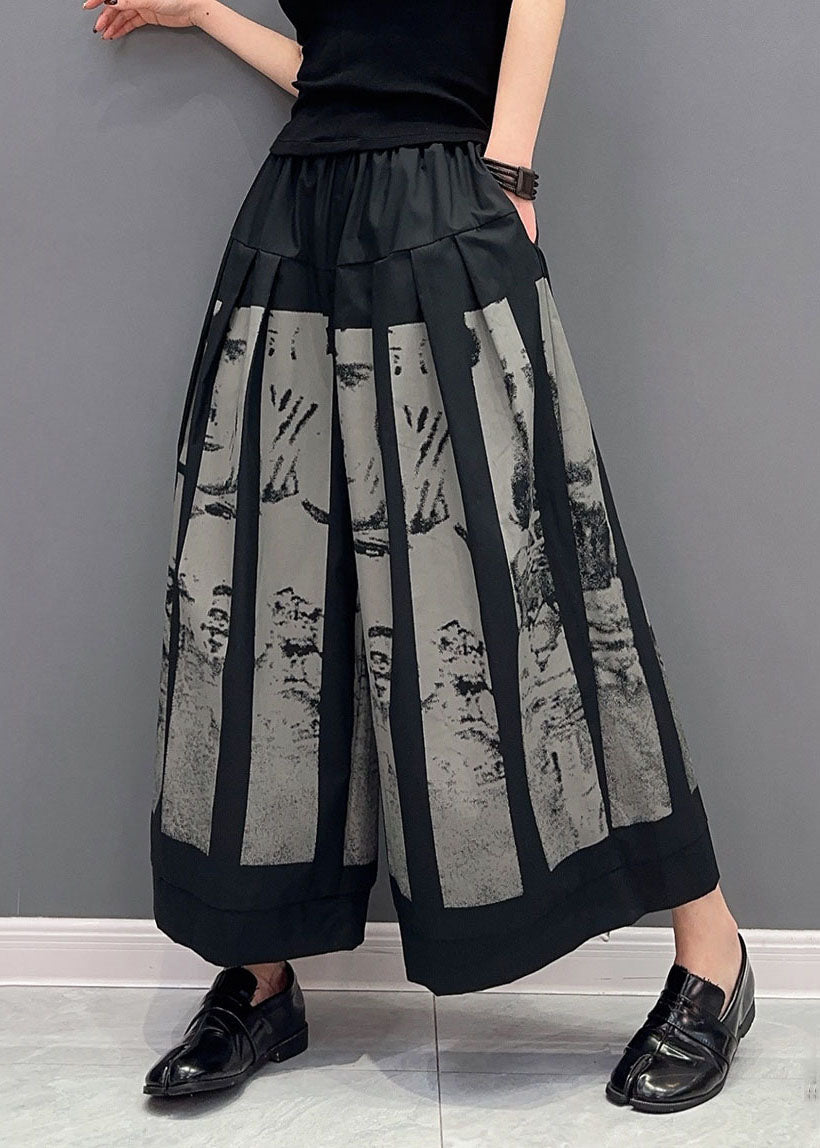 Style Black Elastic Waist Pockets Print Cotton Wide Leg Pants Spring