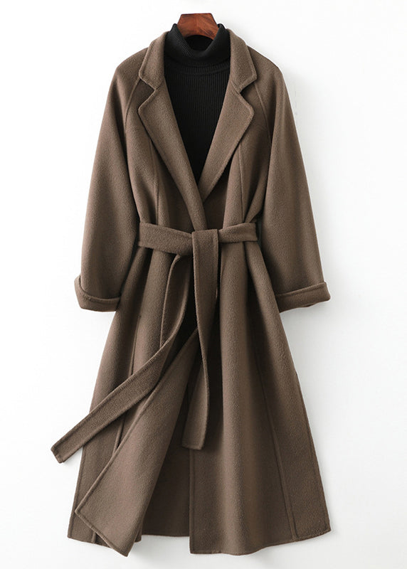 Style Black Notched Patchwork Tie Waist Woolen Long Coats Fall