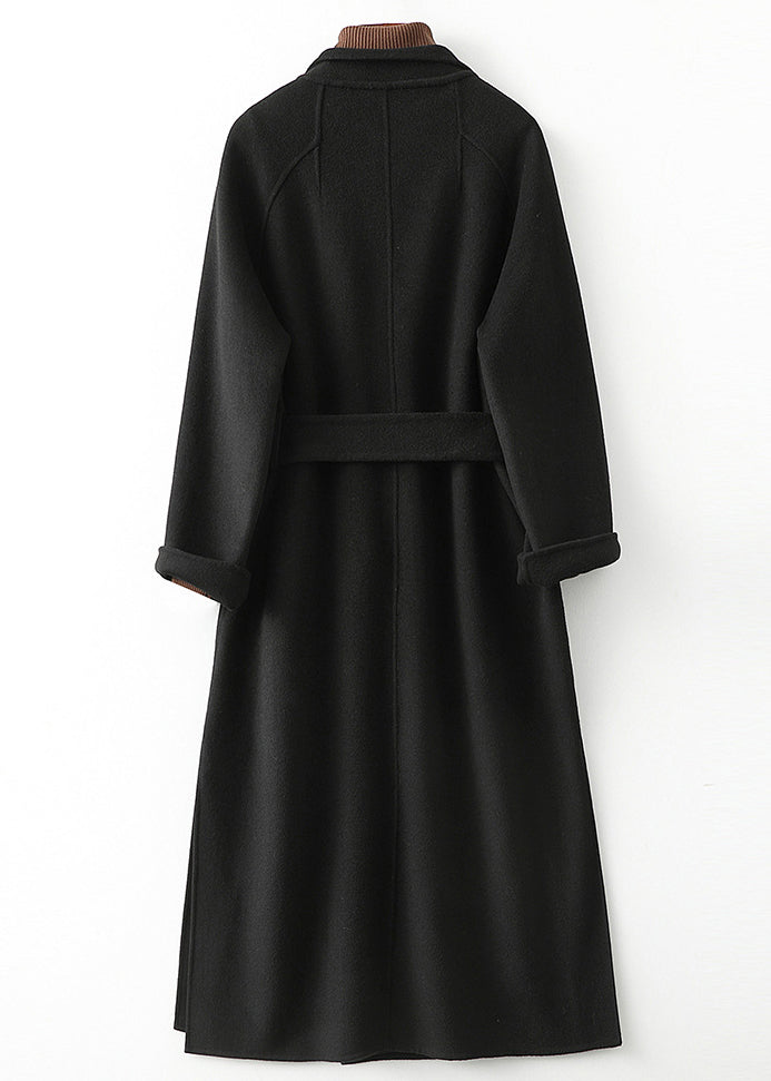 Style Black Notched Patchwork Tie Waist Woolen Long Coats Fall